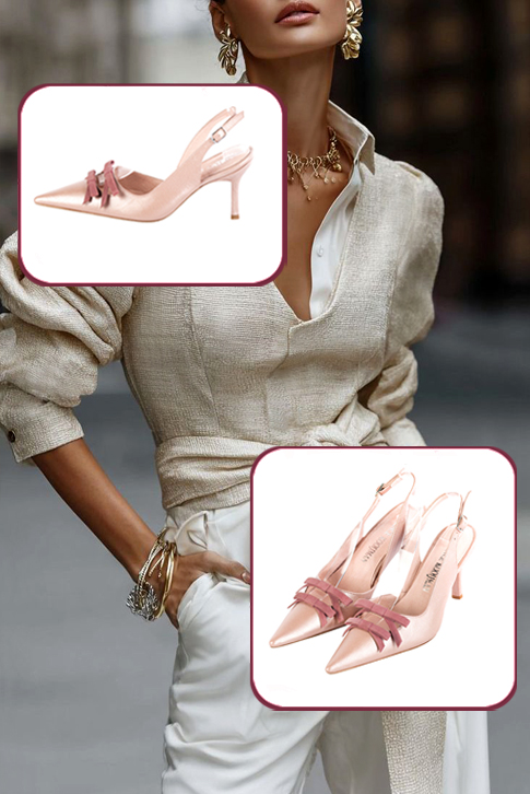 Women's powder pink and dusty rose pink elegant slingback heels, with a bow on the front. Pointed toe. High slim heel - Top view